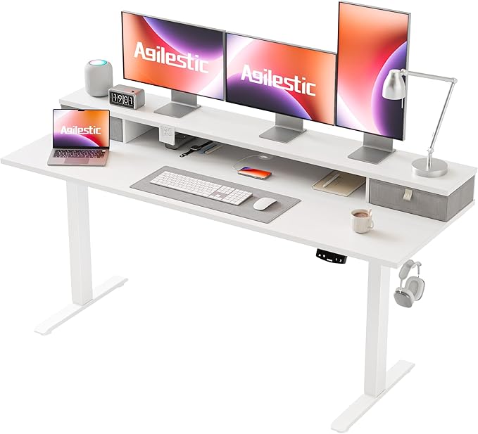 63 x 24 Inches Electric Standing Desk with 2 Storage Drawers, Stand Up Desk Adjustable Height, Sit and Stand Computer Table with Splice Board, White - LeafyLoom
