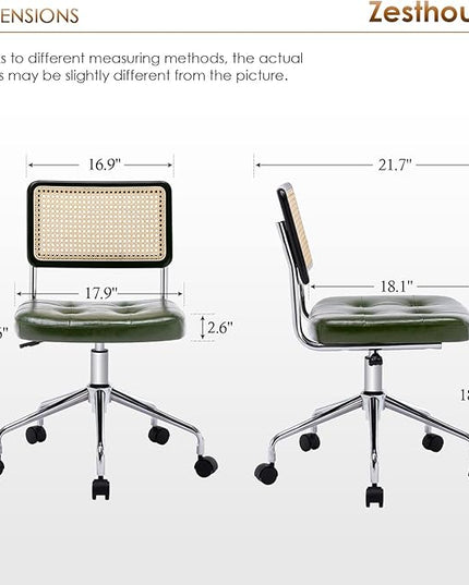 Zesthouse Mid Century Home Office Chair, Armless Desk Chair with Rattan Back, Adjustable Height Task Chair Vanity Chair for Girls Women, Upholstered Swivel Chair, Green Faux Leather - LeafyLoom