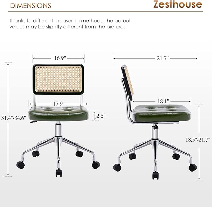 Zesthouse Mid Century Home Office Chair, Armless Desk Chair with Rattan Back, Adjustable Height Task Chair Vanity Chair for Girls Women, Upholstered Swivel Chair, Green Faux Leather - LeafyLoom