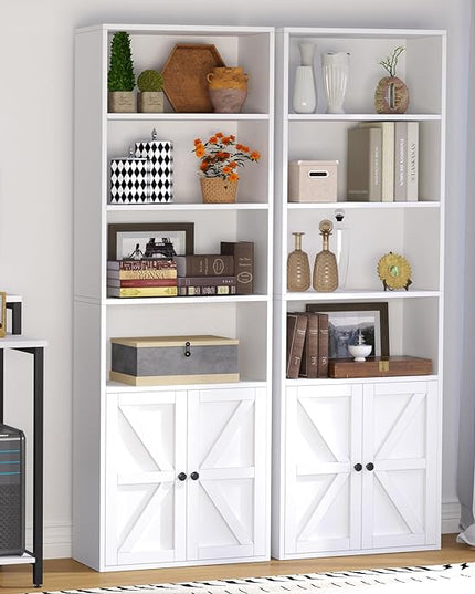 oneinmil 6 Tier Bookshelf and Bookcase, Wooden Bookshelves with Cabinet Doors, Floor Bookshelves and Office Storage Cabinets for Home Office, Living Room,White - LeafyLoom