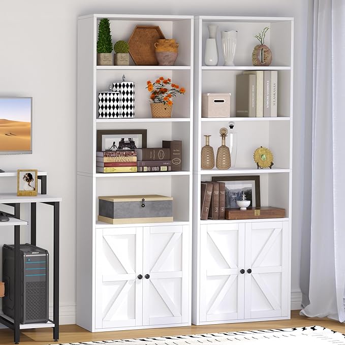 oneinmil 6 Tier Bookshelf and Bookcase, Wooden Bookshelves with Cabinet Doors, Floor Bookshelves and Office Storage Cabinets for Home Office, Living Room,White - LeafyLoom
