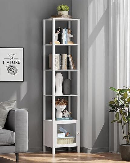 TUTOTAK 6 Tier Bookcase and Bookshelf, Narrow Book shelf with Door for Small Space, for Living Room, Office, Study, Entryway, White BS03BW006 - LeafyLoom