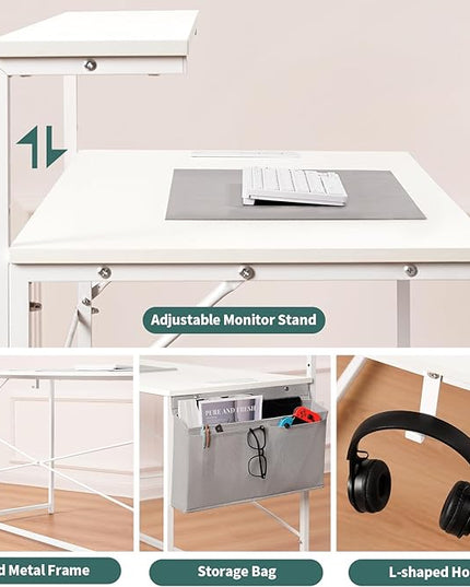 Yoobure Computer Desk with Power Outlets Fast Charging Type-C, Gaming Desk with LED Lights, 47" Office Desk with Adjustable Monitor Stand, Small Desk Home Office Desks with Storage Bag & Hook - LeafyLoom