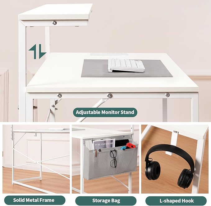 Yoobure Computer Desk with Power Outlets Fast Charging Type-C, Gaming Desk with LED Lights, 47" Office Desk with Adjustable Monitor Stand, Small Desk Home Office Desks with Storage Bag & Hook - LeafyLoom