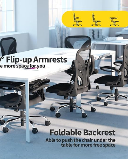 Ergonomic Office Chair with Foldable Backrest, Computer Desk Chair with Flip-up Armrests, Mesh Lumbar Support and Tilt Function Big and Tall Office Chair, Black - LeafyLoom