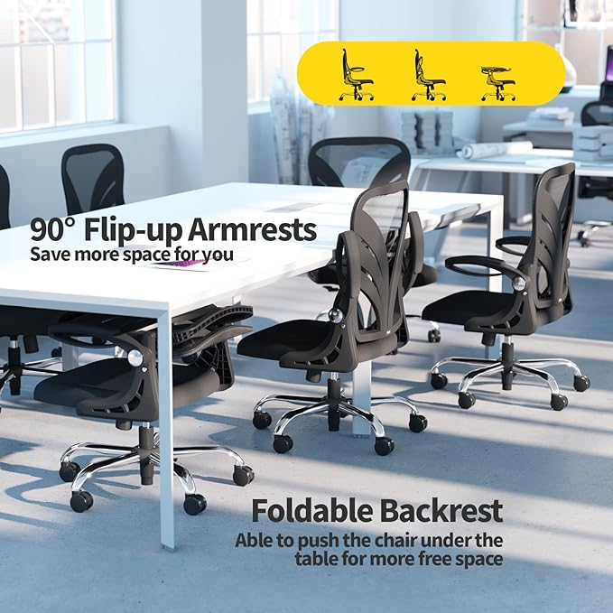 Ergonomic Office Chair with Foldable Backrest, Computer Desk Chair with Flip-up Armrests, Mesh Lumbar Support and Tilt Function Big and Tall Office Chair, Black - LeafyLoom