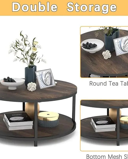 NSdirect 36 inches Round Coffee Table, Rustic Wooden Surface Top & Sturdy Metal Legs Industrial Sofa Table for Living Room Modern Design Home Furniture with Storage Open Shelf(Rustic Brown) - LeafyLoom