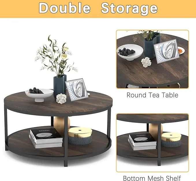 NSdirect 36 inches Round Coffee Table, Rustic Wooden Surface Top & Sturdy Metal Legs Industrial Sofa Table for Living Room Modern Design Home Furniture with Storage Open Shelf(Rustic Brown) - LeafyLoom