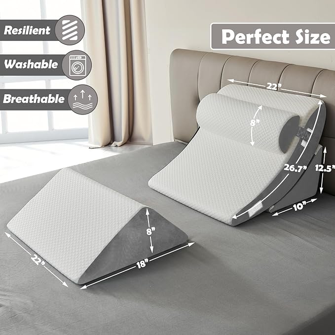 4PCS Orthopedic Bed Wedge Pillow Set – Post Surgery, Relaxing, Back & Adjustable Head Support Cushion – Triangle Memory Foam Pillow for Acid Reflux, Sleeping, Reading, Leg Elevation (White Grey) - LeafyLoom