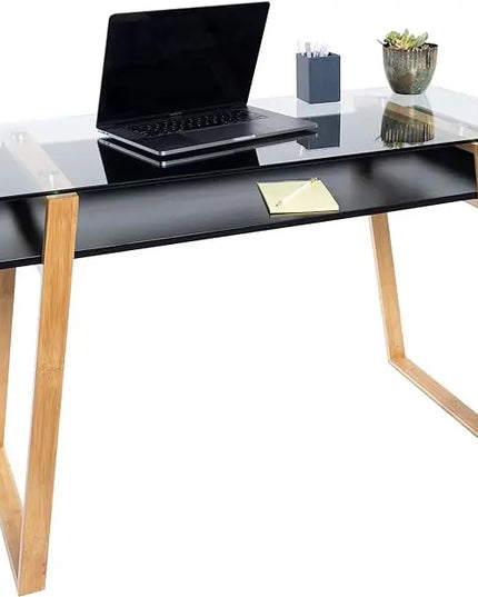 bonVIVO Massimo Small Desk - 47 Inch, Modern Computer Desk for Small Spaces, Living Room, Office and Bedroom - Study Table w/Glass Top and Shelf Space - Black - LeafyLoom