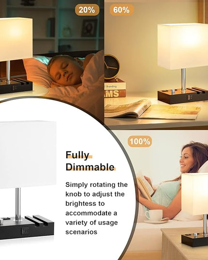 Fully Dimmable Bedside Lamps for Bedroom with USB C Ports, Kakanuo White USB Table Lamp Set of 2, Wooden Desk Lamp with 2 Charging Outlets and Phone Stand for Nightstand and Living Room, Bulb Included - LeafyLoom