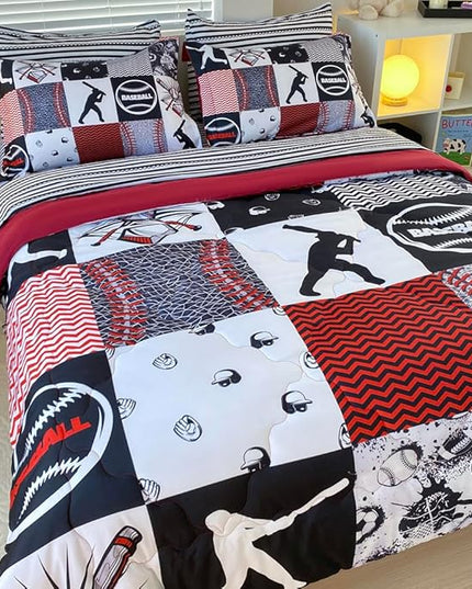 7 Piece Baseball Comforter Set Bed in A Bag Queen Size 3D Softball Sports Bedding Set for Boys Kids Microfiber Comforter All Season (1 Comforter, 1 Flat Sheet, 1 Fitted Sheet, 4 Pillowcase) - LeafyLoom