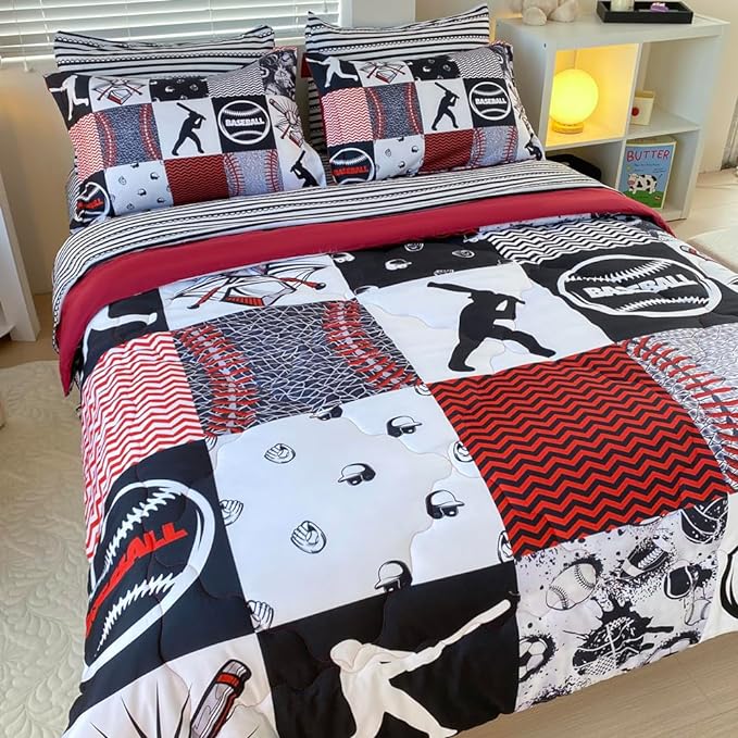 7 Piece Baseball Comforter Set Bed in A Bag Full Size 3D Softball Sports Bedding Set for Boys Kids Microfiber Comforter All Season (1 Comforter, 1 Flat Sheet, 1 Fitted Sheet, 4 Pillowcase) - LeafyLoom