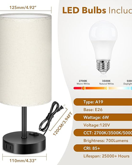 GGOYING Bedside Table Lamp,3-Way Dimmable Bedside Lamps 2700K 3500K 5000K with AC Outlet,Beige Cylindrical Lampshade for Livingroom Office Reading Working Kid - LeafyLoom