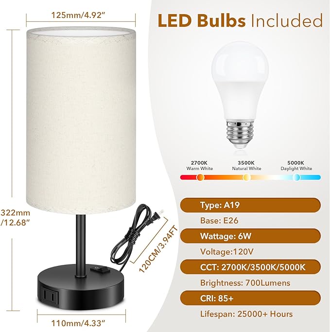 GGOYING Bedside Table Lamp,3-Way Dimmable Bedside Lamps 2700K 3500K 5000K with AC Outlet,Beige Cylindrical Lampshade for Livingroom Office Reading Working Kid - LeafyLoom
