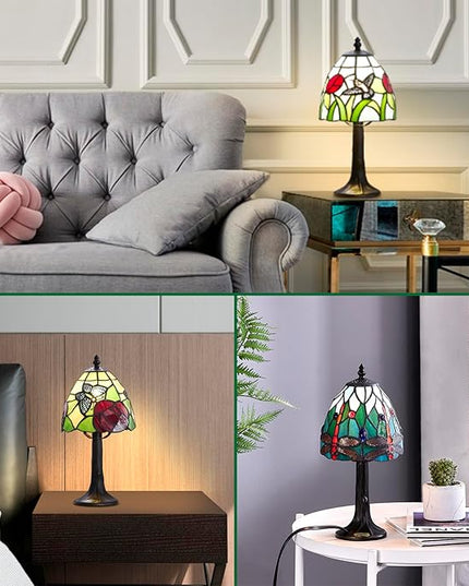 Tiffany Style mini table Lamp-Stained Glass Hummingbird with Tulip Design Table or Desk Light LED Bulb Included-Vintage Look Colorful Accent Decor - LeafyLoom