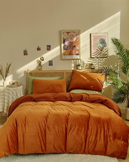 Wellboo Burnt Orange Velvet Comforter Sets California King Women Girls Rust Caramel Fluffy Bedding Comforters Cal King Solid Terracotta Flannel Modern Aesthetic Quilts Warm Plain Reddish Plush Blanket - LeafyLoom