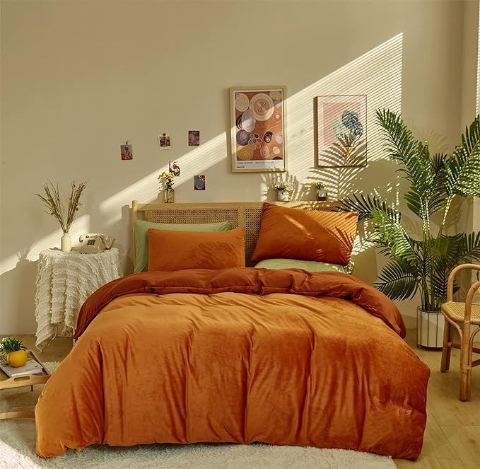 Wellboo Burnt Orange Velvet Comforter Sets California King Women Girls Rust Caramel Fluffy Bedding Comforters Cal King Solid Terracotta Flannel Modern Aesthetic Quilts Warm Plain Reddish Plush Blanket - LeafyLoom