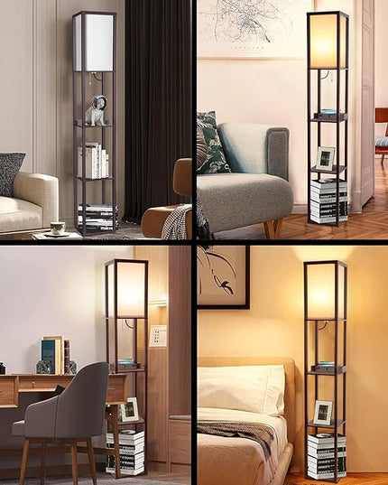 Floor Lamp with Wireless Charger, Modern Shelves Floor Lamp with USB A+C Ports & 2 AC Outlets,3 Color Temperature Corner Floor Lamps for Living Room Bedroom Office - LeafyLoom