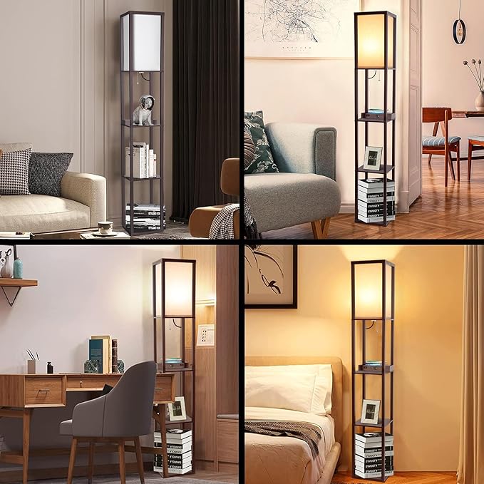Floor Lamp with Wireless Charger, Modern Shelves Floor Lamp with USB A+C Ports & 2 AC Outlets,3 Color Temperature Corner Floor Lamps for Living Room Bedroom Office - LeafyLoom
