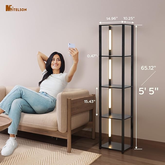 LED Floor Lamp with Shelves, Standing Lamp with Remote for Bedroom and Living Room, Corner Display Floor Lamps with Shelves, Modern Dimmable Floor Lamp with 5-Tier Open Shelve-Black - LeafyLoom