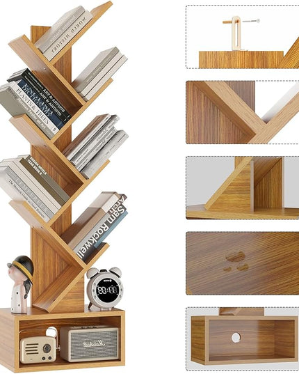 YMYNY 6 Tier Tree Bookshelf, Tall Bookcase, Wood Book Storage Rack with Drawer, Modern Floor Standing Book Shelf for Books/Movies/CDs, Utility Organizer for Living Room, Home Office, Natural UHBC016N - LeafyLoom
