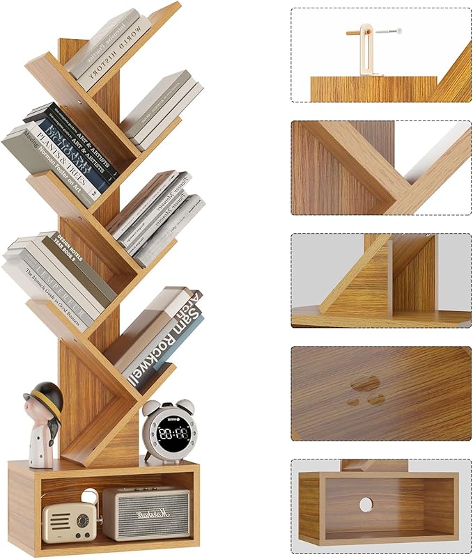 YMYNY 6 Tier Tree Bookshelf, Tall Bookcase, Wood Book Storage Rack with Drawer, Modern Floor Standing Book Shelf for Books/Movies/CDs, Utility Organizer for Living Room, Home Office, Natural UHBC016N - LeafyLoom