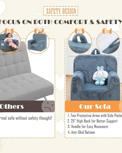Snuggly-Soft Cuddly Toddler Plush Armchair for Boys and Girls Fuzzy Plush Kids Sofa Couch Reading Chair with Children Friendly Handle for Easy Movement & Double Pockets for Storage, Dark Grey - LeafyLoom
