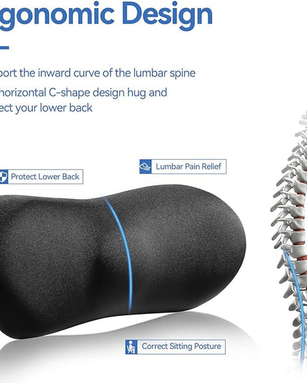 Lumbar Support Pillow – Memory Foam Lumbar Pillow for Lower Back Support, Back Cushion with Strap for Pain Relief, Perfect Lumbar Support Pillow for Office Chair, Car Seat, Bed, Recliner - LeafyLoom