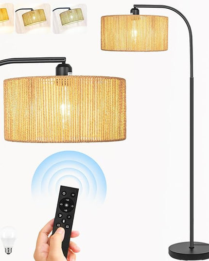 Boho Standing Lamp with Dimmable Bulb Nartual Rattan Adjustable Lampshade, Black Modern Farmhouse Rattan Floor Lamp for Living Room, Bedroom, Office, Classroom - LeafyLoom