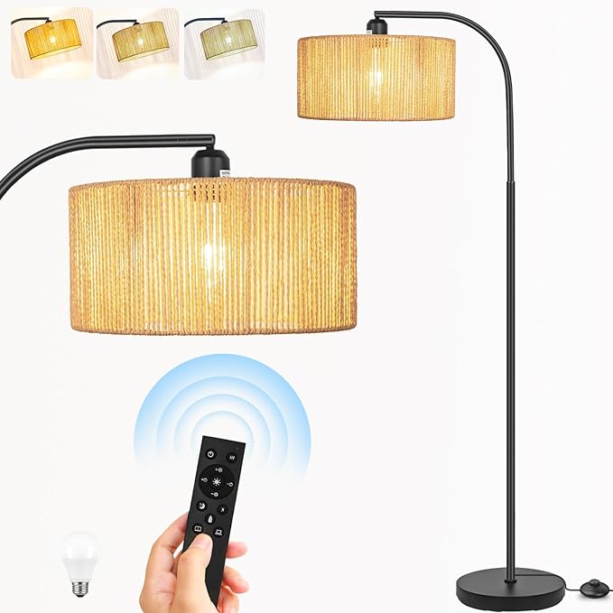 Boho Standing Lamp with Dimmable Bulb Nartual Rattan Adjustable Lampshade, Black Modern Farmhouse Rattan Floor Lamp for Living Room, Bedroom, Office, Classroom - LeafyLoom