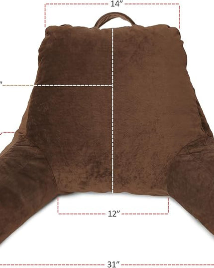 Clara Clark Reading Pillow, Standard Back Pillow for Sitting Up in Bed, Memory Foam Back Support Pillow, Reading Pillows for Sitting in Bed, Chocolate Brown Sit Up Pillow, Arm Pillow with Pockets - LeafyLoom