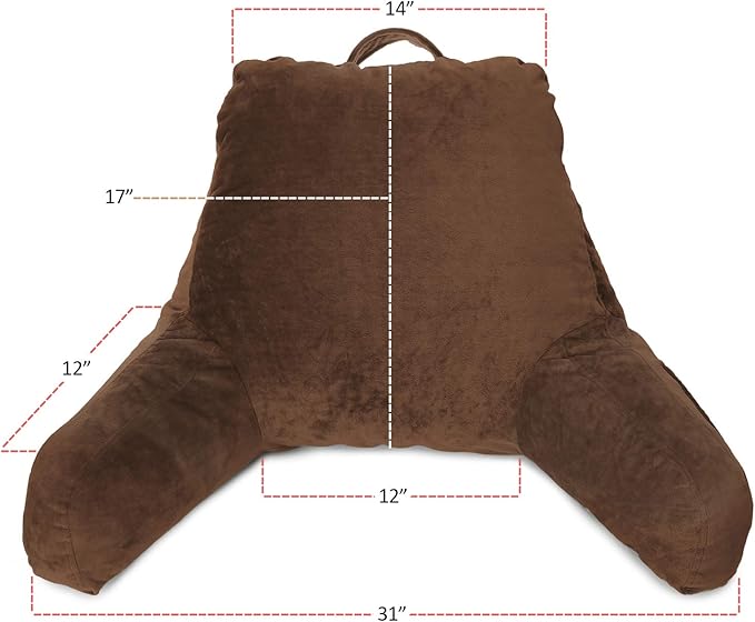 Clara Clark Reading Pillow, Standard Back Pillow for Sitting Up in Bed, Memory Foam Back Support Pillow, Reading Pillows for Sitting in Bed, Chocolate Brown Sit Up Pillow, Arm Pillow with Pockets - LeafyLoom