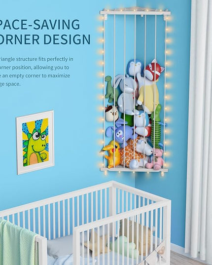 Stuffed Animal Storage Toy Organizer: Corner Stuff Animals Holder for Wall with LED Light - Kids Plush Toys Storage with Adjustable Length for Nursery Playroom Bedroom Kids Room(Gray) - LeafyLoom