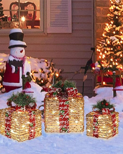 [Large 10"x8.5"x7" Christmas Set of 3 Lighted Rattan Gift Boxes Decorations Pre-lit 70 Super-Bright LED with Flashers,for Indoor Outdoor Pathway Holiday Party Home(Warm White) GLOWNOVA