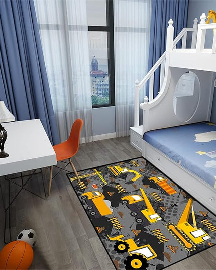 Construction Rugs for Boys Room Play Rug for Cars and Trucks Car Rug Play Mat Kids Rugs for Playroom Car Rug for Boys Room Construction Decor for Boys Room,Grey 2'5''×4' - LeafyLoom