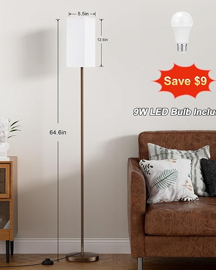 Ambimall Remote Control Floor Lamp, Stepless Dimmable, 64 Inches Tall, Include 9W Bulb, Standing Lamp for Living Room Bedroom Office (White & Brown) - LeafyLoom