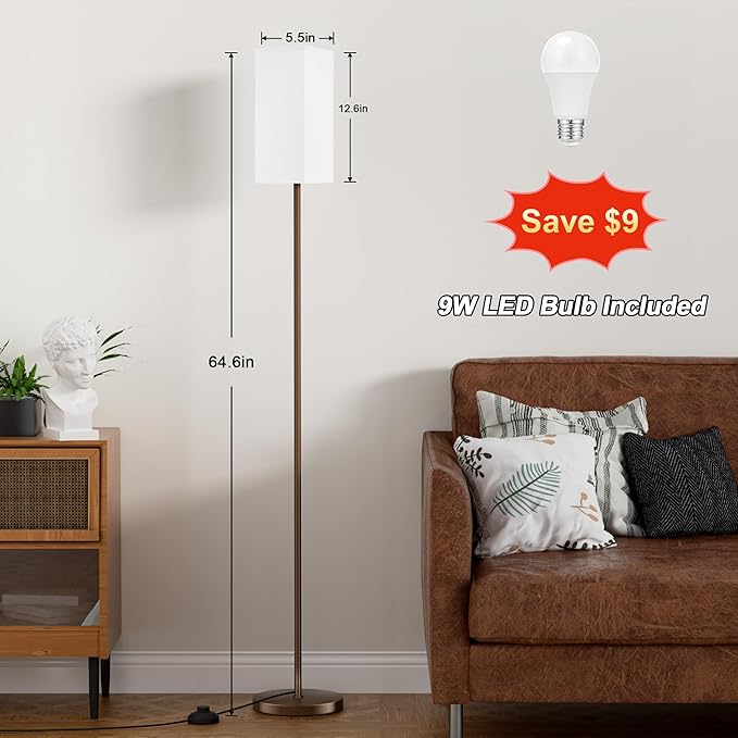 Ambimall Remote Control Floor Lamp, Stepless Dimmable, 64 Inches Tall, Include 9W Bulb, Standing Lamp for Living Room Bedroom Office (White & Brown) - LeafyLoom