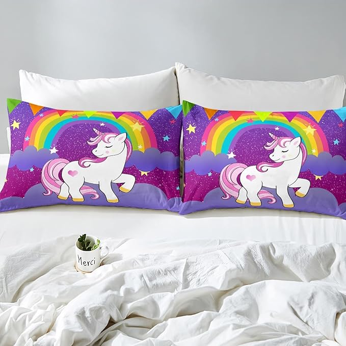Girls Unicorn Comforter Set Twin Girls Bedding Set Cute Rainbow Unicorn Print Down Comforter Kids Cartoon Kawaii Duvet Set Galaxy Stars Fantasy Girls Room Decor Children Unicorn Reversible Purple - LeafyLoom