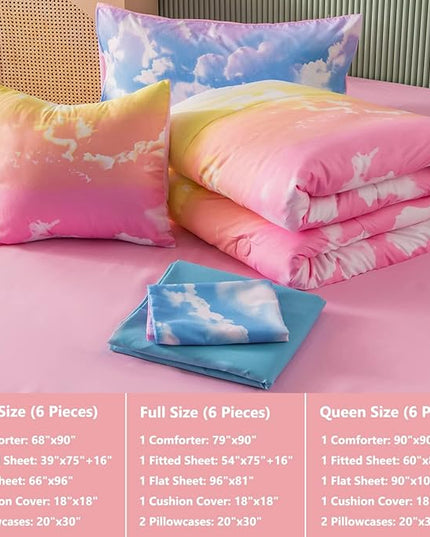 PERFEMET Full Size Bedding Sets for Girls, 6 Pieces Blue Sky and White Cloud Print Comforter Set Bed in A Bag, Rainbow Ombre Bedding Comforter Sets with Sheets (Cloud Pattern, Full) - LeafyLoom