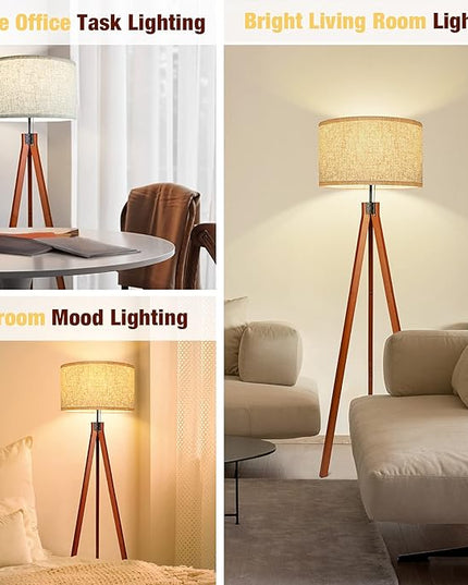 Wood Tripod Floor Lamp, 3 Color Temperatures Mid Century Modern Boho Floor Lamp, Tall Standing Lamps for Living Room Bedroom Office, Flaxen Lamp Shade with E26 Lamp Base - LeafyLoom