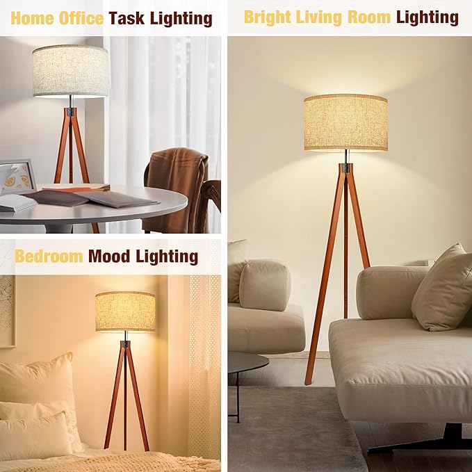 Wood Tripod Floor Lamp, 3 Color Temperatures Mid Century Modern Boho Floor Lamp, Tall Standing Lamps for Living Room Bedroom Office, Flaxen Lamp Shade with E26 Lamp Base - LeafyLoom