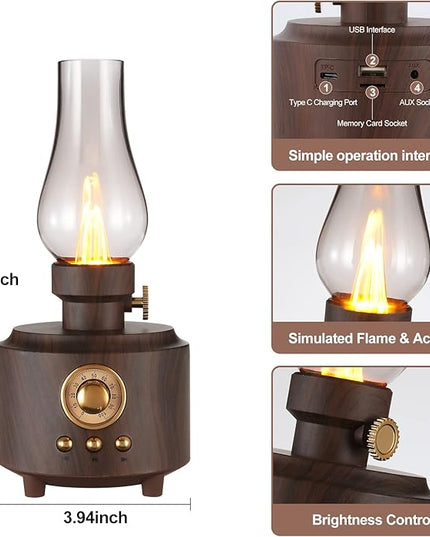 Vintage Table Lamp Retro Bluetooth Speaker Rechargeable Portable Night Light Flameless LED Oil Lamp Bedside Desk Lamp for Bedroom, Cafe, Bar, Desk Decor, Outdoor Camping Birthday Gifts - LeafyLoom