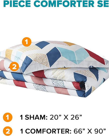 Comfort Spaces Kylar Cozy Comforter Set, Vibrant Chevron Ruching Design with Solid Reverse, All Season Down Alternative Bedding with Matching Sham, Twin/Twin XL (66 in x 90 in), Multi/Aqua 2 Piece - LeafyLoom
