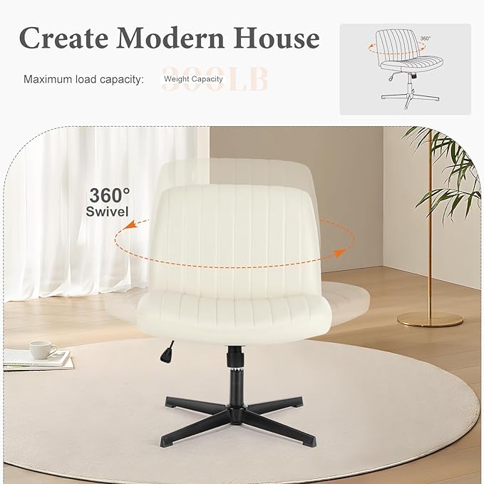 Sweetcrispy Criss Cross Chair Legged, Armless Office Desk Chair No Wheels, Swivel Vanity Chair, Height Adjustable Wide Seat Computer Task Chair, Fabric Vanity Modern Home Chair Cream - LeafyLoom