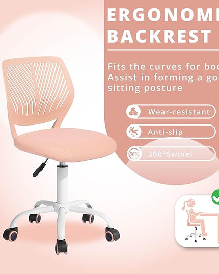FurnitureR Teens Girls Task Chair 360 Swivel, Low Mid PP Mesh Back Fabric Seat, Height Adjustable, Rolling Castor, W15.7inces x D15.2inces x H29.5-34.2inches (Rose) - LeafyLoom