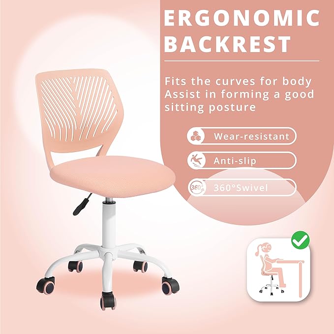 FurnitureR Teens Girls Task Chair 360 Swivel, Low Mid PP Mesh Back Fabric Seat, Height Adjustable, Rolling Castor, W15.7inces x D15.2inces x H29.5-34.2inches (Rose) - LeafyLoom