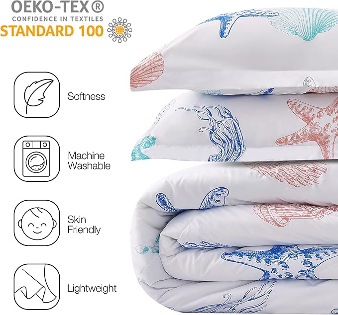 JSD Beach Theme 3 Piece Full Kids Comforter Set, Jellyfish Starfish Shell Printed Comforter with Pillow Sham, Soft Comfortable Machine Washable - LeafyLoom