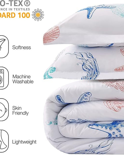 JSD 3 Piece Queen Beach Theme Kids Comforter Set, Jellyfish Starfish Shell Printed Comforter with Pillow Sham, Soft Comfortable Machine Washable - LeafyLoom