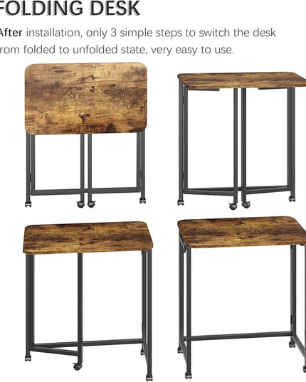 4NM 23.6" Mobile Small Folding Desk, Adjustable Rolling Compact Laptop Cart Desk, Couch Desk, Bed Desk for Laptop for Small Space Offices - Rustic Brown and Black - LeafyLoom